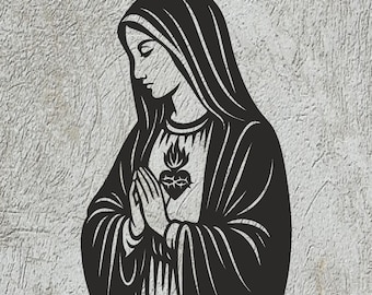Puede incluir: Silueta negra de una figura religiosa en oración. La figura lleva un tocado y una túnica, con un diseño de corazón y llama en el pecho. El fondo es una superficie texturizada de color gris claro.