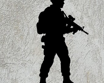 May include: A black silhouette of a soldier holding a rifle, set against a textured, light gray background. The soldier is wearing a helmet and tactical gear, including a backpack and pouches. The image is a simple, graphic representation.