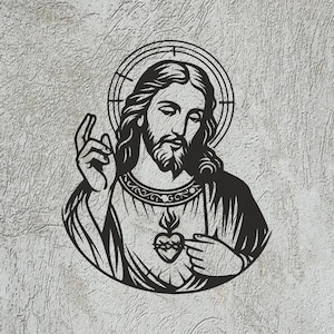 Peut inclure: Silhouette noire de Jésus-Christ avec un halo, pointant vers le haut d'une main et touchant sa poitrine de l'autre. L'image est sur un fond texturé gris clair.
