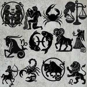 May include: Black silhouette images of the twelve zodiac signs. Each sign is depicted with its corresponding symbol and imagery, including a crab, a ram, a scorpion, and a lion. The signs are arranged on a light gray background.
