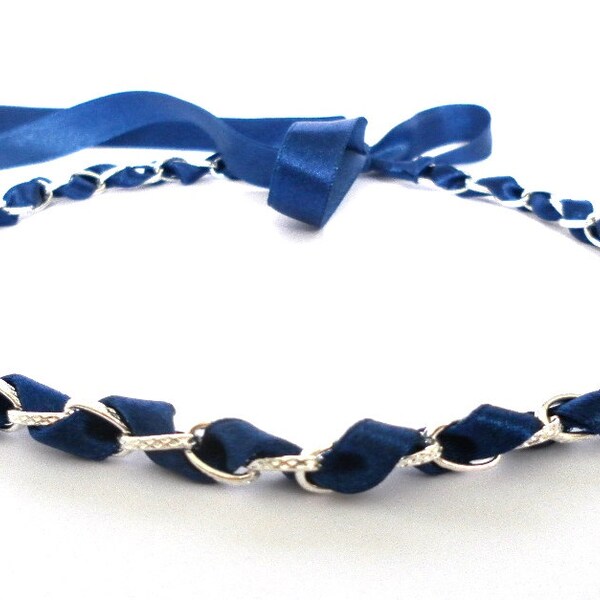 Short blue and silver necklace. Chain choker. Ribbon necklace.