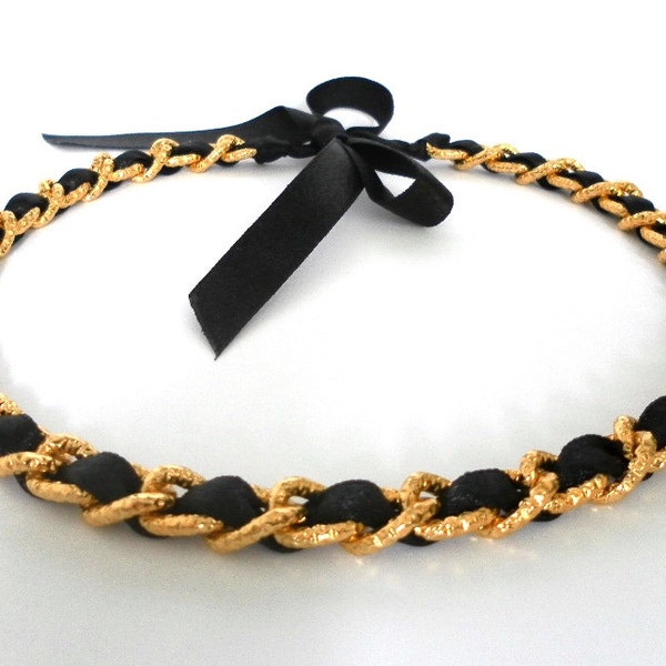 Short black and gold necklace. Chain choker. Ribbon necklace.