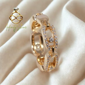 Anillo de cadena con eslabones de diamantes, anillo de oro con forma de clip, anillo con diamantes pavé, anillo de cadena minimalista, anillo con engaste de bisel, joyería llamativa, regalo de aniversario