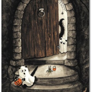 May include: Watercolor illustration of a Halloween scene. A cat in a ghost costume kneels on steps holding a jack-o'-lantern bucket. A bee and a pumpkin are also present. A cat peeks from behind a door.