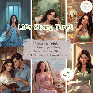Puede incluir: Un collage de arte digital con ilustraciones de mujeres en varios escenarios. Se muestra el texto "Life Story Tarot". El producto incluye 78 cartas, está listo para imprimir y en tamaños A4 y Letter.