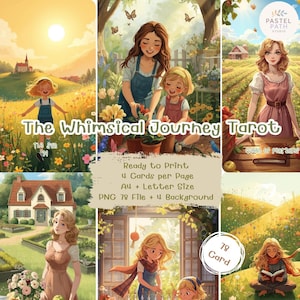 Op de afbeelding: Digitale kunstafdruk van "The Whimsical Journey Tarot", met illustraties van mensen in de natuur. Tekst bevat "The Sun", "Queen of Pentacles" en "78 Card". De print is klaar om af te drukken, met 4 kaarten per pagina, A4 en Letter formaat.