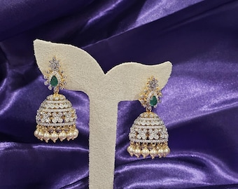 92.5 Silver AD Jhumki emerald green, medium size jhumki, american diamond earrings, silver jhumka with pearls emerald, 18kt gold plated