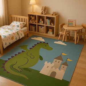 May include: A rectangular children's rug featuring a green dragon and a castle on a blue background. The rug is placed in a child's bedroom with a wooden bed, bookshelf, and small table with chairs. The rug's dimensions are not visible.