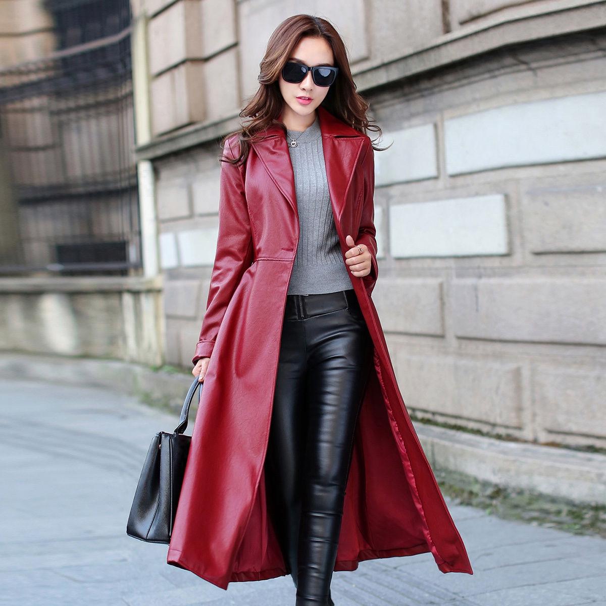 ジャケット・アウター TornadoMart Red Leather Belted Long Coat Handmade Women's Genuine Lambskin Overcoat Real Leather Full