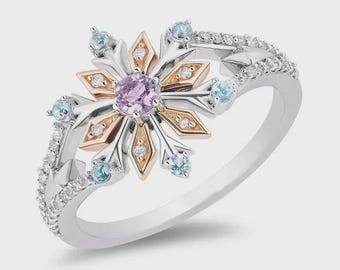 lab Made Amethyst Snowflake Verlovings- en trouwring voor dames: 14K witgoud verguld
