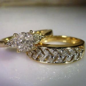 Vintage Diamond Bridal Set, 14K Gold FN Cluster Engagement Ring, Unique Wedding Band, Antique Style Wheat Pattern Ring, Art Deco Bridal Set
