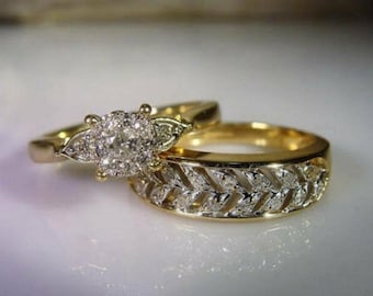 Vintage Diamond Bridal Set, 14K Gold FN Cluster Engagement Ring, Unique Wedding Band, Antique Style Wheat Pattern Ring, Art Deco Bridal Set