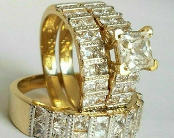 Princess Cut Trio Wedding Set - 14K Yellow Gold Plated 3-Piece Ring Set - His and Hers Matching Bands - Statement Square Diamond Ring