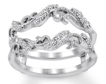 Unique Enhancer engagement ring Round Cut Moissanite in 14K White gold Plated