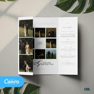 Puede incluir: Una invitación de boda blanca con un diseño de tres pliegues. La invitación presenta un collage de fotos de boda, las palabras "Save the Date" y los nombres "Liam & Shane Brighton". El logotipo de Canva es visible.