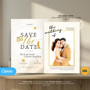 May include: Wedding invitation design featuring a gold and white color scheme. The left side says "Save the Date" with the names Michael Smith & Shane Brighton. The right side has a photo of the couple and the words "the wedding of Michael & Shane".