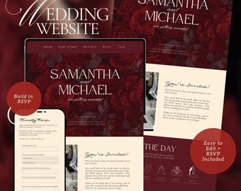 Szablon strony internetowej na ślub, projekt Canva w kolorze bordowej róży z formularzem RSVP