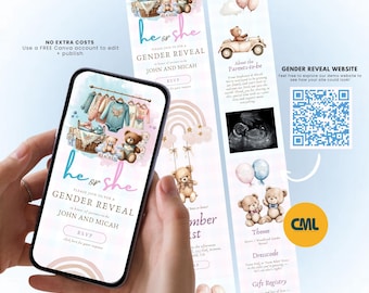 Bären Gender Reveal Website Vorlage + KOSTENLOS druckbare Einladung, benutzerfreundliche Vorlage für werdende Eltern & Antwortwünsche