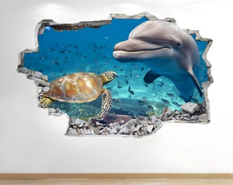 Delfin 3D i rekin 3D - Dzieci - Sypialnia - Naklejka ścienna - Sztuka ścienna 3D - Naklejka ścienna - Tapeta 3D - Naklejki ścienne 3D - Druk 3D - Sztuka 3D
