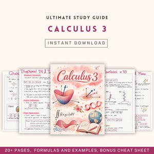 May include: A study guide for Calculus 3 with the title in pink script. The guide includes formulas, examples, and a bonus cheat sheet. The cover features a 3D graph, a globe, and an open book with a pencil.