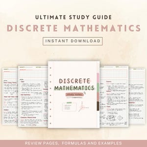 May include: A study guide for Discrete Mathematics with the text "ULTIMATE STUDY GUIDE" and "INSTANT DOWNLOAD". The guide includes review pages, formulas, and examples. The cover features the title "DISCRETE MATHEMATICS" and "study notes".