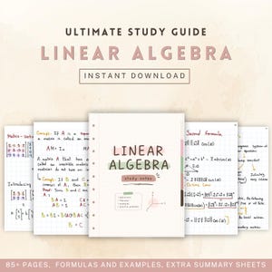 Può includere: Una guida allo studio per l'algebra lineare con note manoscritte, formule ed esempi. Il titolo "Ultimate Study Guide" è in rosa tenue. È visibile anche la frase "Instant Download". Contiene 85+ pagine.