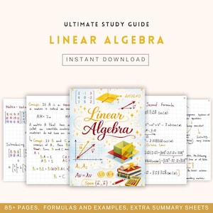 Könnte beinhalten: Ein Studienführer für Lineare Algebra mit dem Text „Sofort-Download“. Das Cover zeigt farbenfrohe Illustrationen mathematischer Konzepte, Formeln und Diagramme. Der Leitfaden enthält über 85 Seiten mit Formeln, Beispielen und Zusammenfassungen.