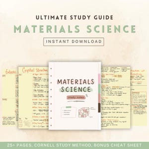 Op de afbeelding: Een studiehandleiding getiteld "Materials Science" met de tekst "Ultimate Study Guide" en "Instant Download". De gids bevat studienotities, diagrammen en de tekst "25+ pagina's, Cornell Study Method, Bonus Cheat Sheet."