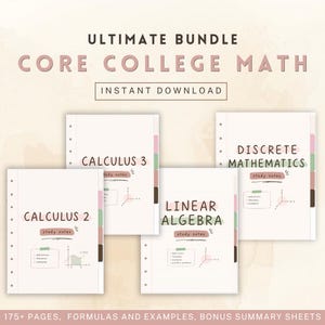 Puede incluir: Un paquete de guías de estudio digitales titulado Ultimate Bundle Core College Math, que incluye cuatro documentos individuales para Calculus 2, Calculus 3, Linear Algebra y Discrete Mathematics, con notas, diagramas y pestañas laterales.