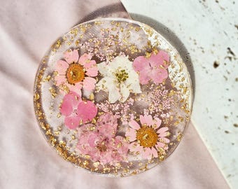 Porta-copos de resina artesanal com flores prensadas e folha de ouro, porta-copos com flores coloridas, presente exclusivo para ela, decoração para casa