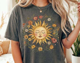 Celestial Sun & Wildflowers Graphic Tee | Boho Nature Lover Gift