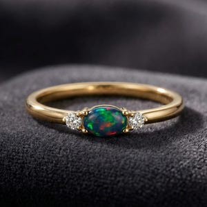 Natural Opal Stackable Ring-Dainty Black Opal Ring-Three Stone Ring-18K Gold Opal Ring-Minimalist Sterling Silver Ring-Anniversary Gift Ring