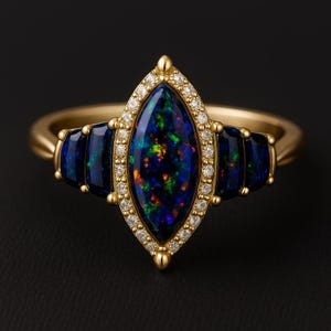 18K Gold Black Opal Ring-Marquise Sterling Silver Wedding Ring Black Opal Engagement Ring-14k Rose Gold Opal Ring-Anniversary Gift For Wife
