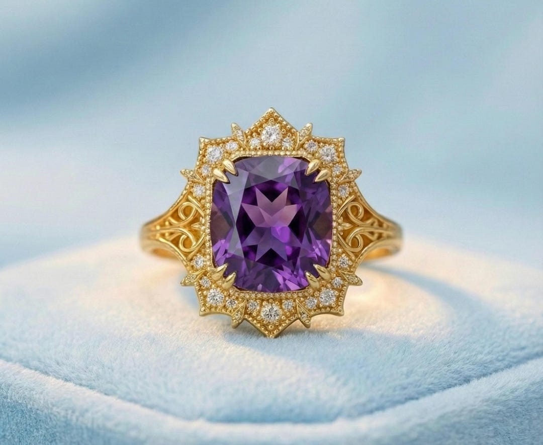 Amethyst Statement Ring 18K Gold Amethyst Wedding Ring Cushion Cut ...