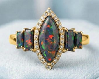 18K Gold Black Opal Ring-Marquise Sterling Silver Wedding Ring Black Opal Engagement Ring-14k Rose Gold Opal Ring-Anniversary Gift For Wife