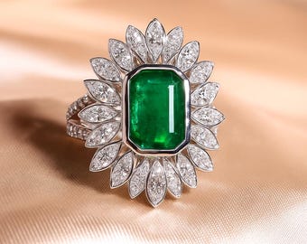 Natural Emerald Ring 18K Solid Gold Emerald Engagement Ring Green Emerald Statement Ring 14K Rose Gold Emerald Ring Wedding Ring For Gift