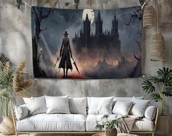 May include: A tapestry depicting a dark fantasy scene. A figure in a long coat stands before a gothic castle, holding two swords. The background features a full moon, bare trees, and a misty landscape, creating a dramatic and mysterious atmosphere.