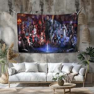 May include: A large tapestry depicting characters from a science fiction video game. The artwork features numerous figures in futuristic armour and clothing, set against a backdrop of space and vivid colours. The tapestry is hanging on a concrete wall.