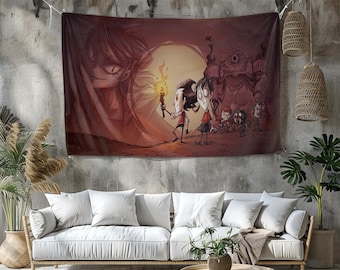 May include: A rectangular tapestry featuring a digital illustration with a fantasy theme. The artwork depicts characters with a torch, facing a large creature and other figures. The color palette includes shades of red, brown, and beige.