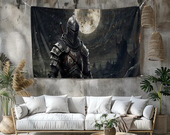 May include: A tapestry featuring a knight in full armor, set against a backdrop of a full moon and a dark, gothic castle. The knight is detailed in shades of gray and silver, with a sword at his back. The overall theme is fantasy and medieval.