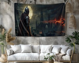 May include: A tapestry depicting a medieval knight in armor, standing before a dark castle under a full moon. The artwork features a dramatic, fantasy scene with fiery elements and a deep color palette, suitable for wall decor.