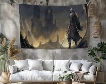 May include: A tapestry depicting a medieval knight with a sword, standing before a dark castle. The artwork features a muted color palette of grays, browns, and yellows, creating a dramatic and atmospheric scene. The tapestry is displayed on a textured wall.