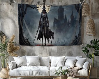 May include: A tapestry featuring a dark fantasy scene with a figure in a long coat and hat, holding a sword, standing before a gothic castle under a full moon. The artwork is predominantly black, gray, and red.