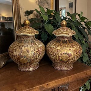 Vintage Satsuma Style Porcelain Lidded Temple Jars With Moriage and Gilt Detailing - A Pair