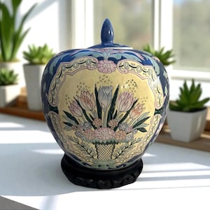 May include: A round ceramic ginger jar with a lid, featuring a cream-colored center panel decorated with a painted bouquet of pink and white tulips in a basket, surrounded by a dark blue border with intricate pink and light green floral patterns.