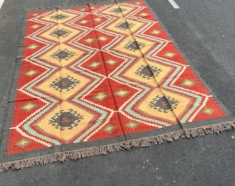 Handmade Wool Jute Rug.Geometric Kilim Area Rug,Colourful Flatweave Bohemian Rug For Living Room,Multi Color Tribal Dhurrie,Eco Friendly