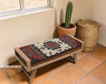 Handmade Kilim Folding Bench: Boho Ottoman with Acacia Wood Frame - Kilim Dining Bench , Upholstered Bench Boho,