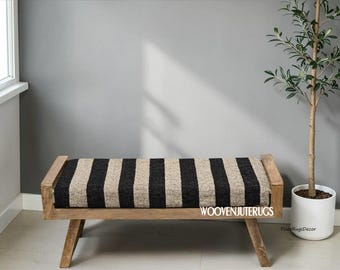 Banco de entrada estofado Kilim | Banco de madeira feito à mão | Banco rústico para hall de entrada | Banco geométrico boho | Móveis para casa no Reino Unido