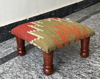 Handwoven Kilim Footstool – Acacia Wood Ottoman, Boho Rustic Pouf