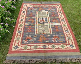 Alfombra Kilim hecha a mano de 4x6, alfombra de lana y yute de tejido plano, kilim geométrico tribal, alfombra boho de estilo vintage para sala de estar, dormitorio o entrada.